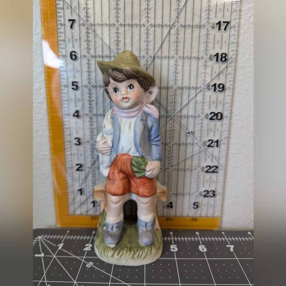 Vintage Hummel Style Boy Figurine Holding White Bunny Rabbit 4-3/4" Tall